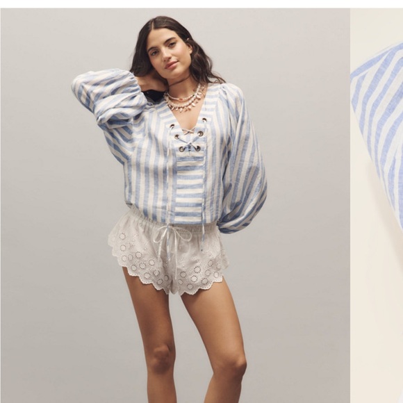 NWT Anthropologie Striped Linen Dolman Lace-Up Blue and White Women's Top - Med - Picture 4 of 14